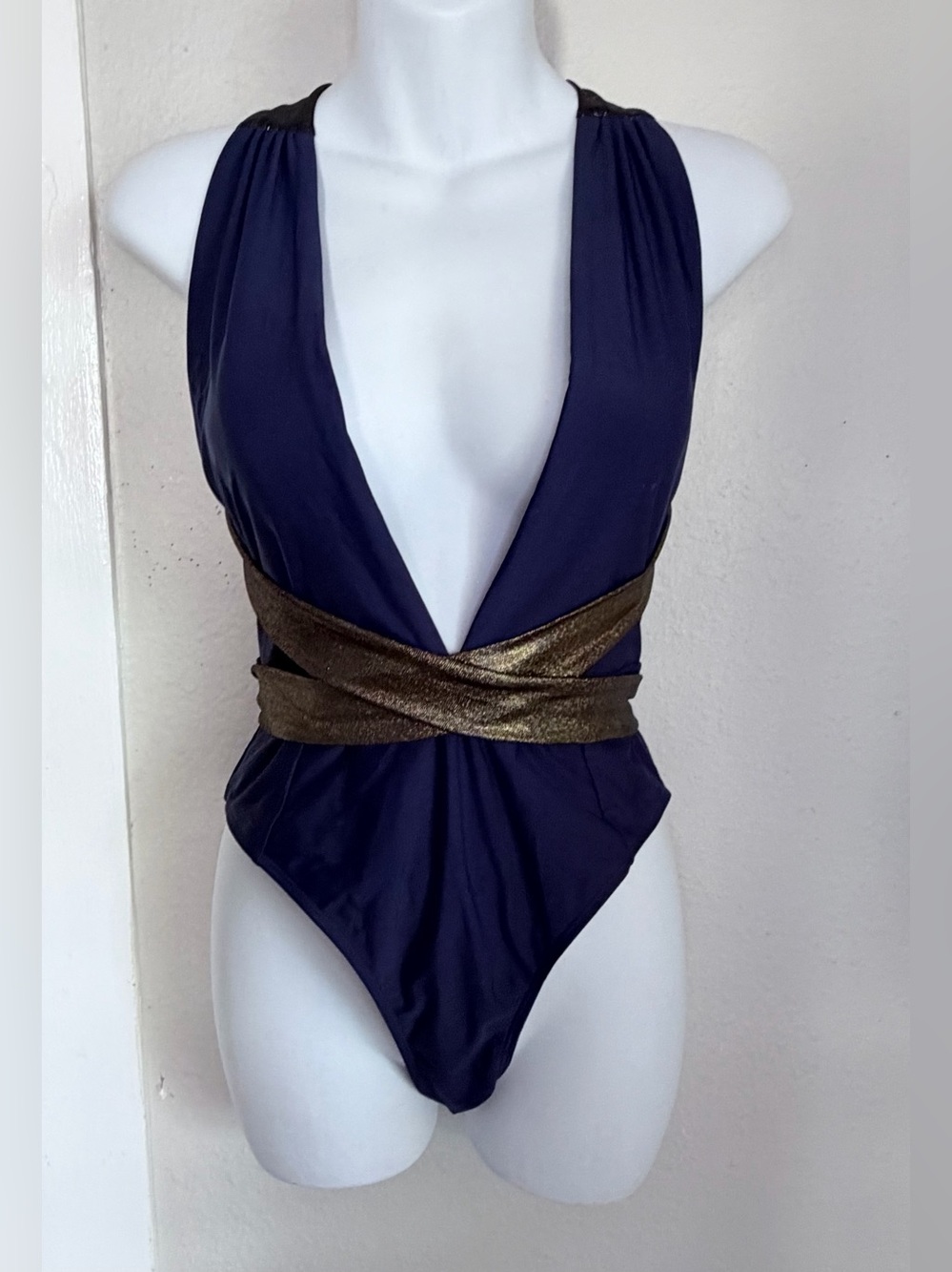 Blue with Metallic Wrap Halter Strap One Piece Swimsuit Medium